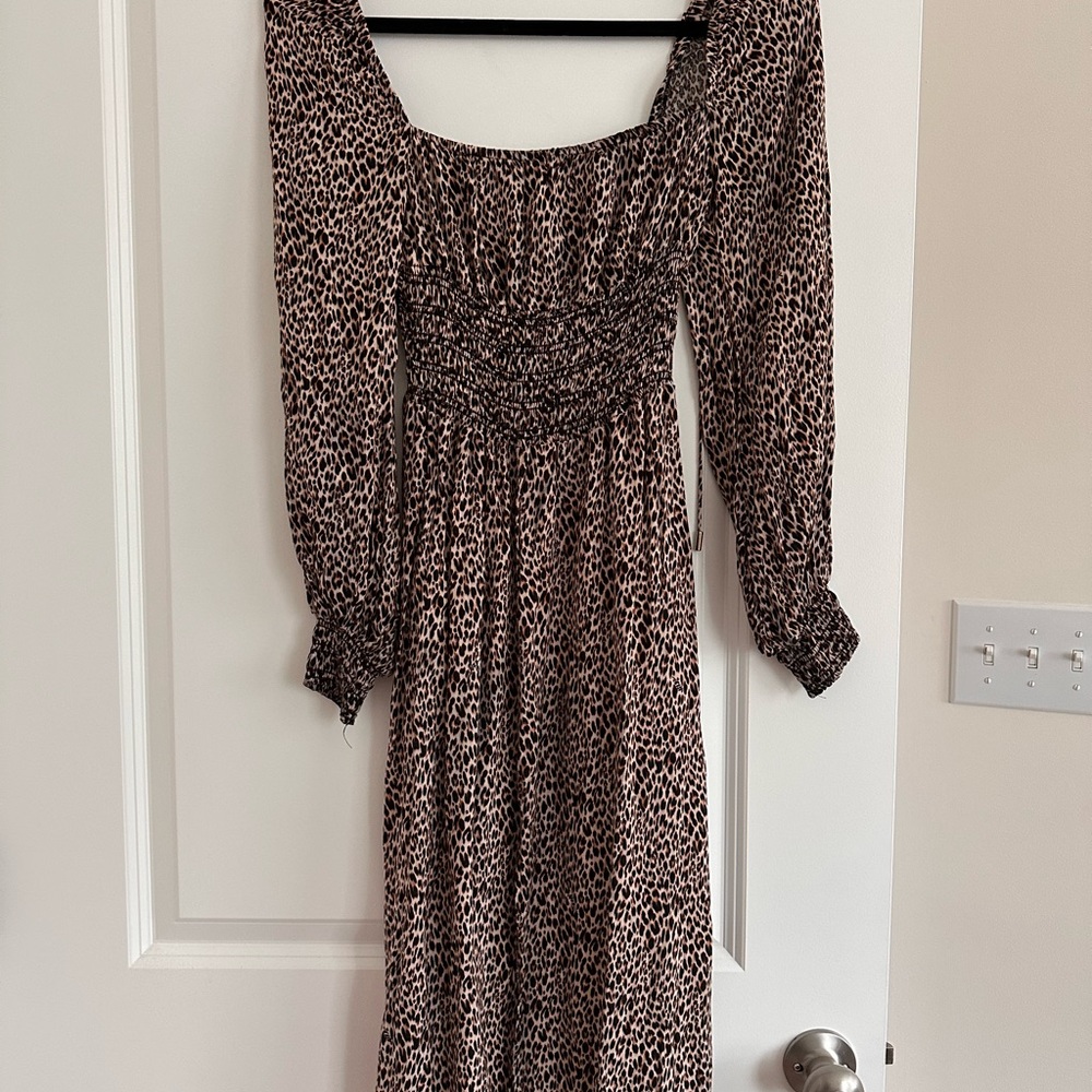 AFRM Leopard Print Long Sleeve Sundress with Square Neck